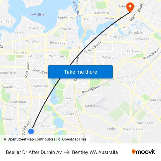 Beeliar Dr After Durnin Av to Bentley WA Australia map