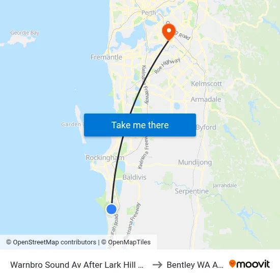 Warnbro Sound Av After Lark Hill Sports Complex to Bentley WA Australia map