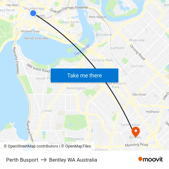 Perth Busport to Bentley WA Australia map