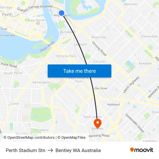Perth Stadium Stn to Bentley WA Australia map