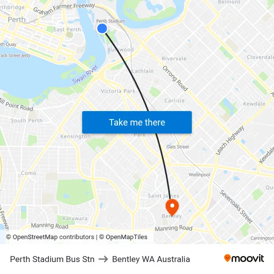 Perth Stadium Bus Stn to Bentley WA Australia map