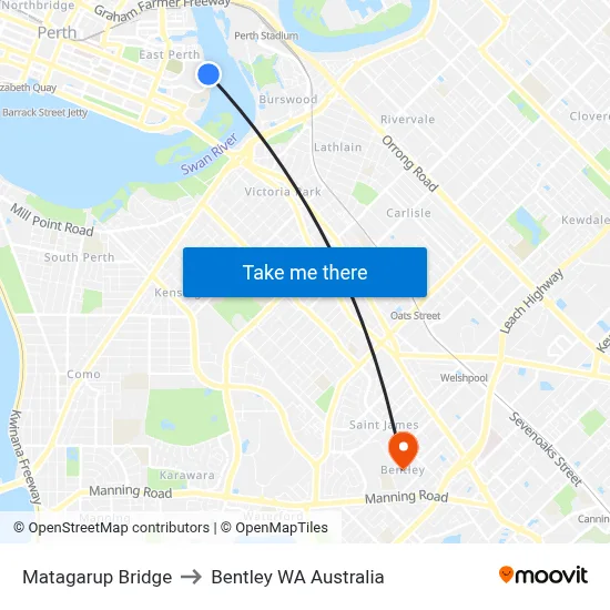 Matagarup Bridge to Bentley WA Australia map