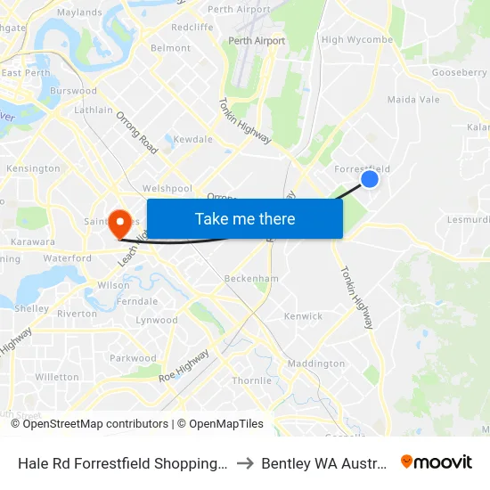 Hale Rd Forrestfield Shopping Ctr to Bentley WA Australia map