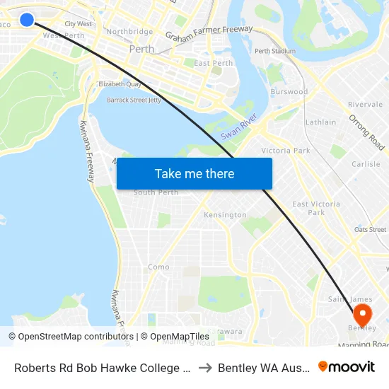 Roberts Rd Bob Hawke College Stand 1 to Bentley WA Australia map