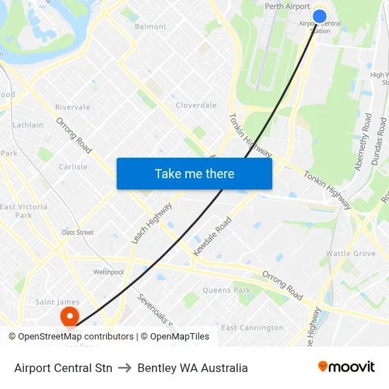 Airport Central Stn to Bentley WA Australia map