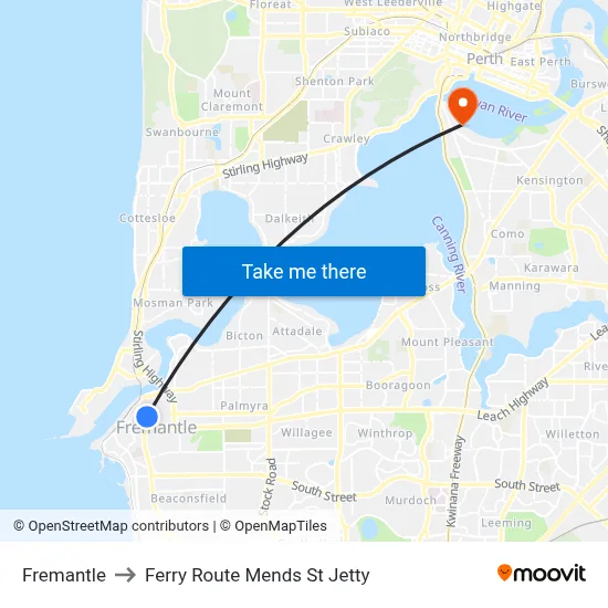Fremantle to Ferry Route Mends St Jetty map