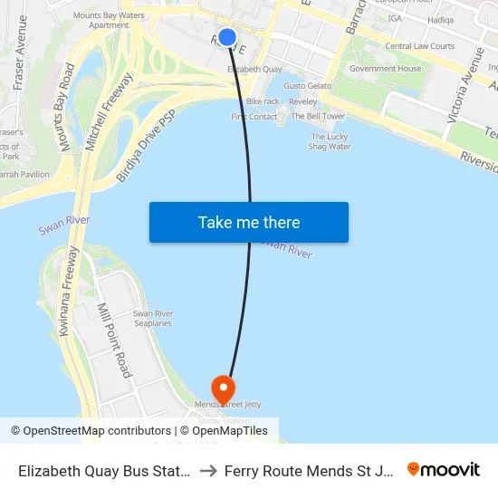 Elizabeth Quay Bus Station to Ferry Route Mends St Jetty map