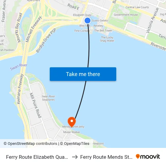 Ferry Route Elizabeth Quay Jetty to Ferry Route Mends St Jetty map