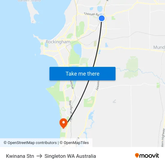 Kwinana Stn to Singleton WA Australia map