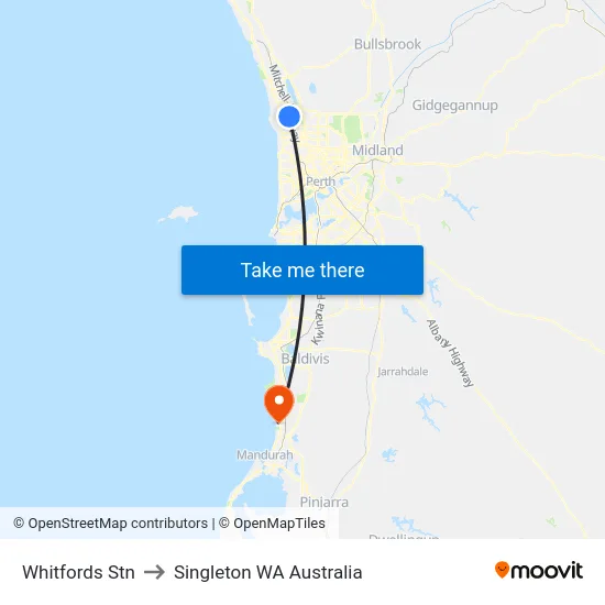 Whitfords Stn to Singleton WA Australia map
