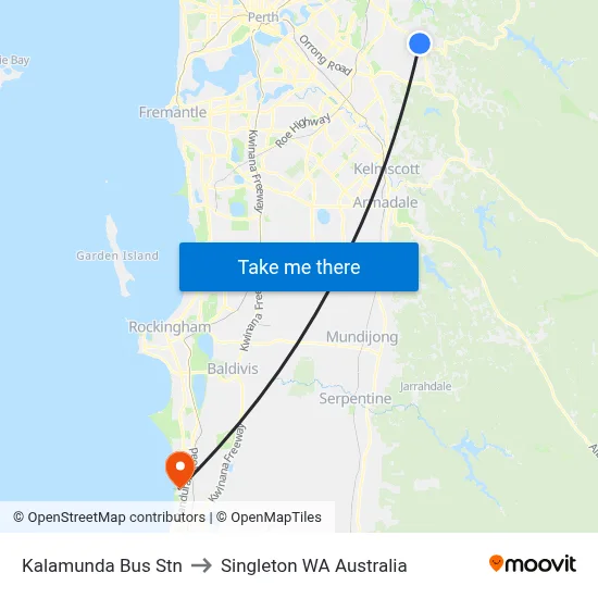 Kalamunda Bus Stn to Singleton WA Australia map