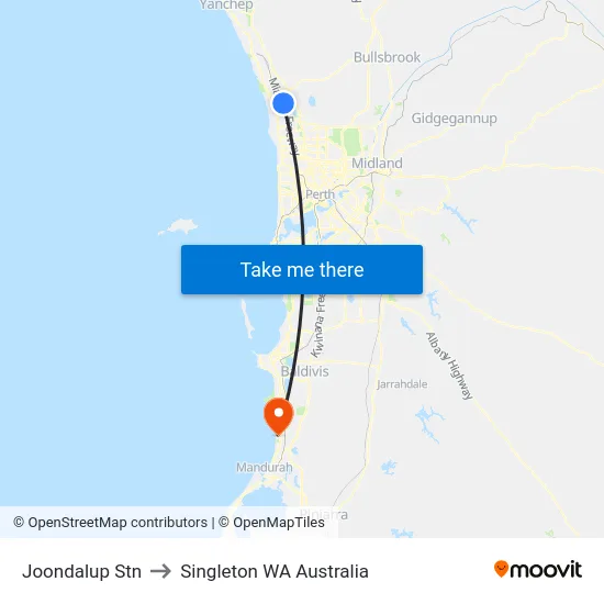 Joondalup Stn to Singleton WA Australia map