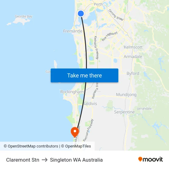 Claremont Stn to Singleton WA Australia map