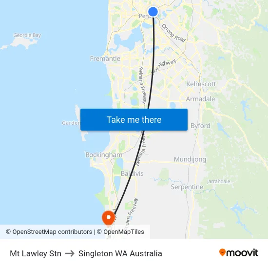 Mt Lawley Stn to Singleton WA Australia map