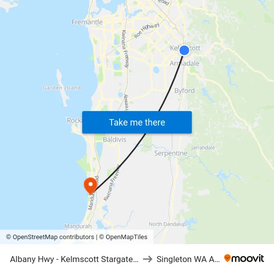 Albany Hwy - Kelmscott Stargate Shopping Ctr to Singleton WA Australia map