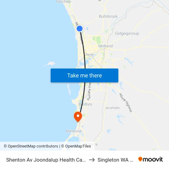 Shenton Av Joondalup Health Campus Cat Id 17 to Singleton WA Australia map