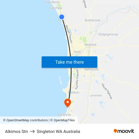 Alkimos Stn to Singleton WA Australia map