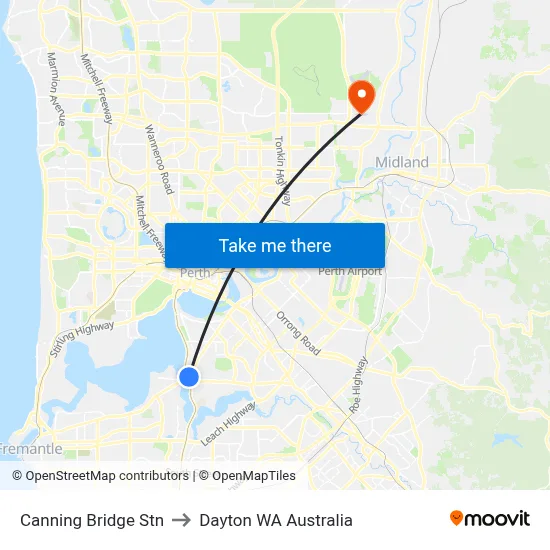 Canning Bridge Stn to Dayton WA Australia map
