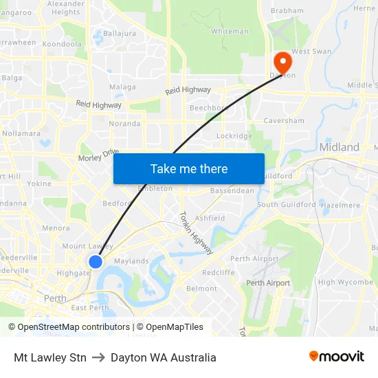 Mt Lawley Stn to Dayton WA Australia map