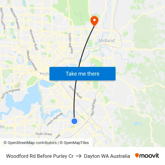 Woodford Rd Before Purley Cr to Dayton WA Australia map