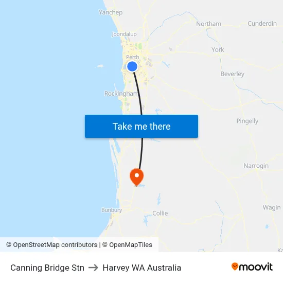 Canning Bridge Stn to Harvey WA Australia map
