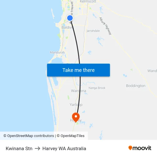 Kwinana Stn to Harvey WA Australia map
