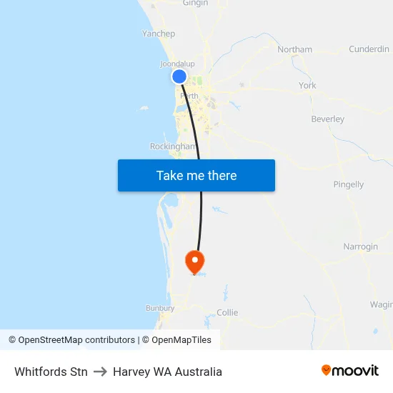 Whitfords Stn to Harvey WA Australia map