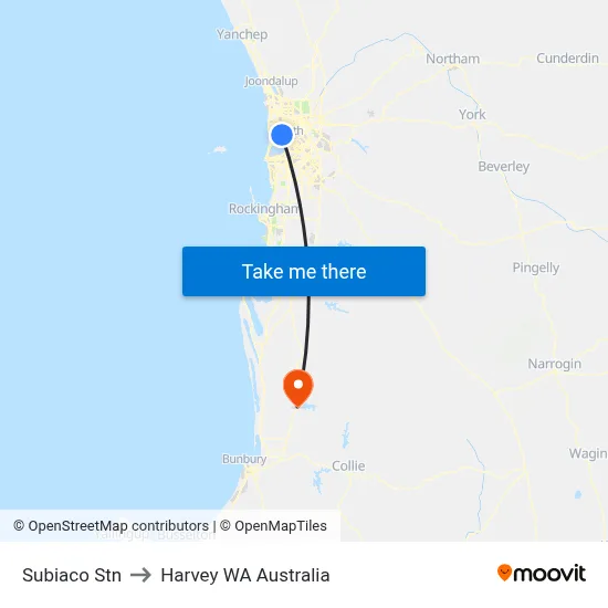 Subiaco Stn to Harvey WA Australia map
