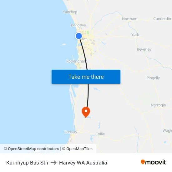 Karrinyup Bus Stn to Harvey WA Australia map