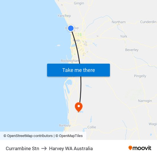 Currambine Stn to Harvey WA Australia map