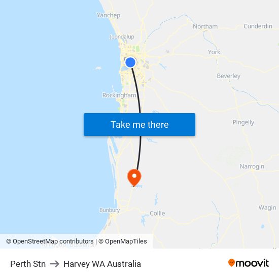 Perth Stn to Harvey WA Australia map