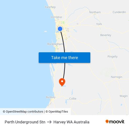 Perth Underground Stn to Harvey WA Australia map