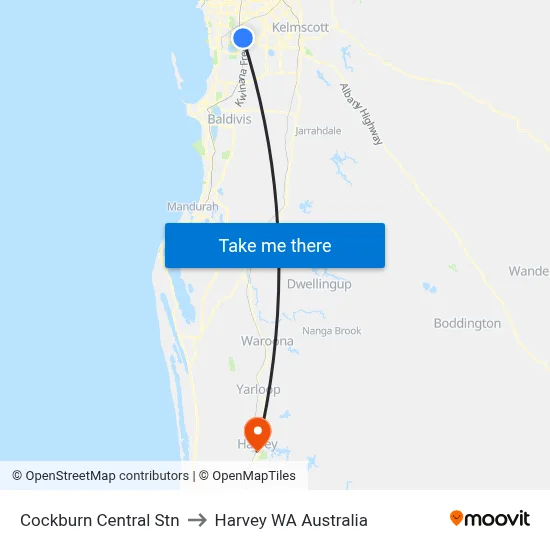 Cockburn Central Stn to Harvey WA Australia map