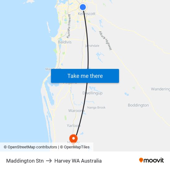 Maddington Stn to Harvey WA Australia map