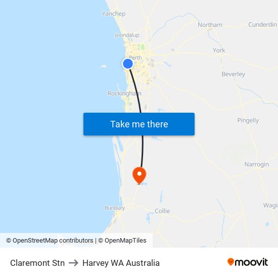 Claremont Stn to Harvey WA Australia map