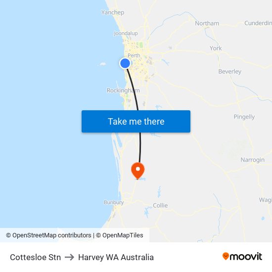 Cottesloe Stn to Harvey WA Australia map