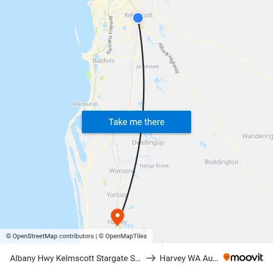 Albany Hwy Kelmscott Stargate Shopping Ctr to Harvey WA Australia map