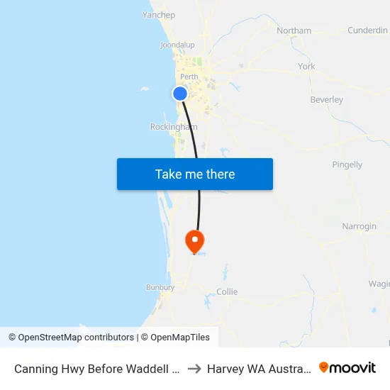 Canning Hwy Before Waddell Rd to Harvey WA Australia map