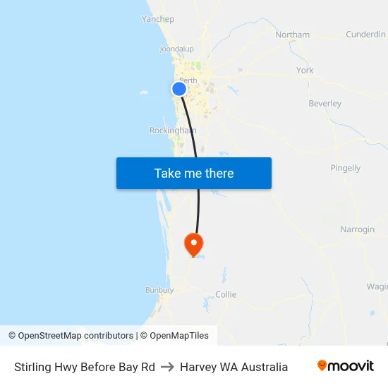 Stirling Hwy Before Bay Rd to Harvey WA Australia map