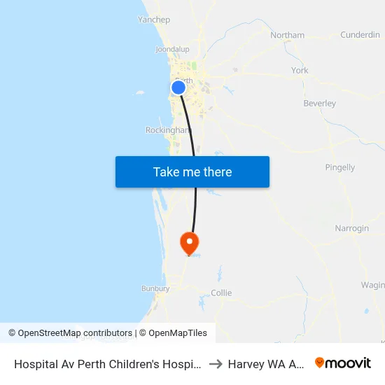 Hospital Av Perth Children's Hospital Cat Id 132 to Harvey WA Australia map