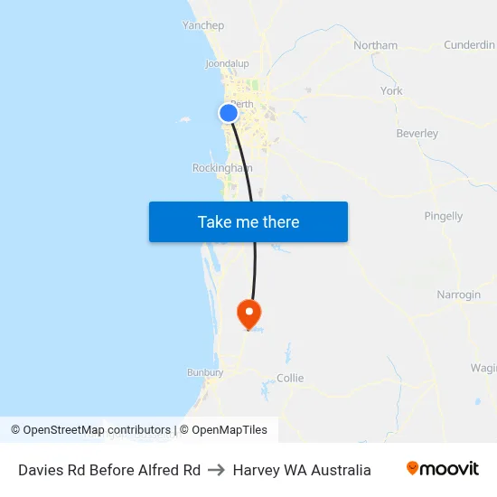Davies Rd Before Alfred Rd to Harvey WA Australia map