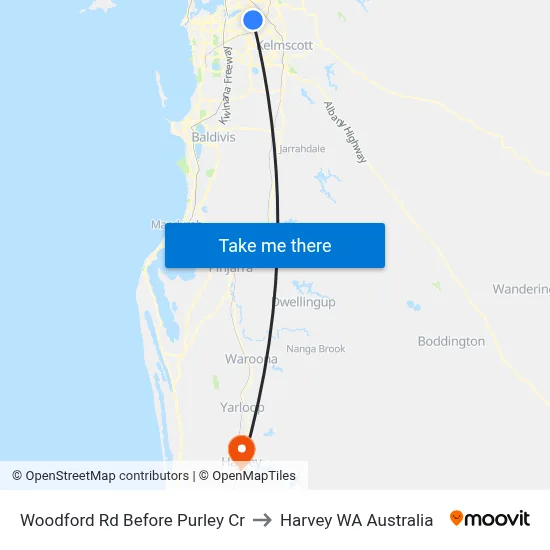 Woodford Rd Before Purley Cr to Harvey WA Australia map