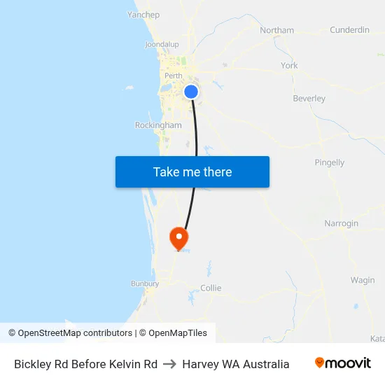 Bickley Rd Before Kelvin Rd to Harvey WA Australia map