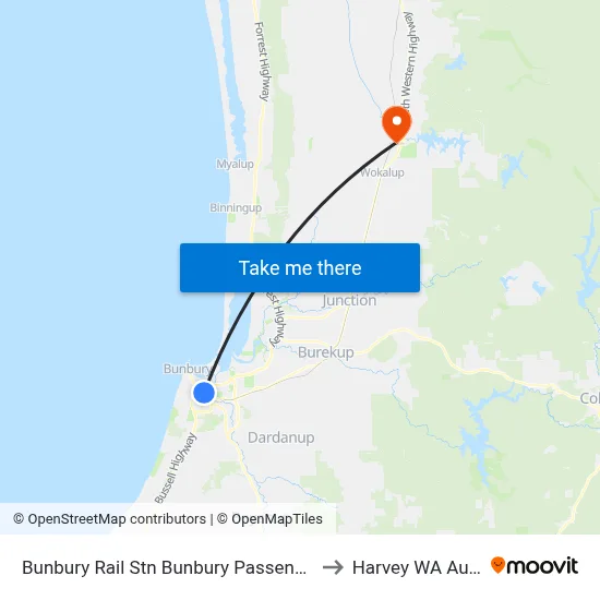 Bunbury Rail Stn Bunbury Passenger Terminal to Harvey WA Australia map