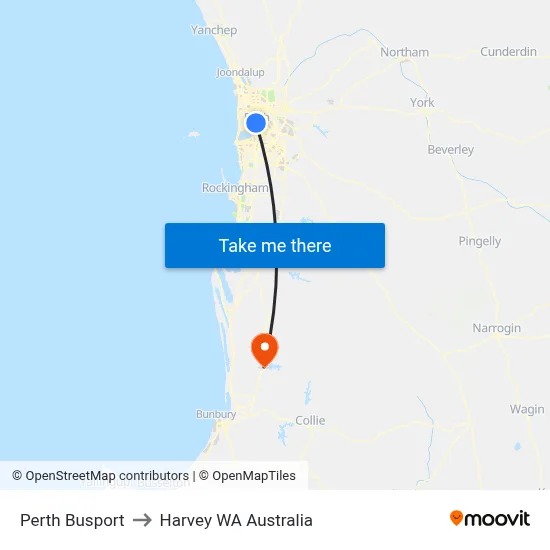Perth Busport to Harvey WA Australia map