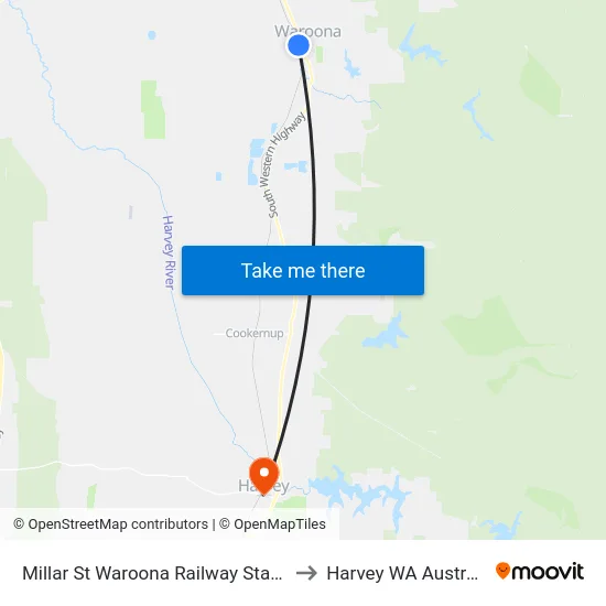 Millar St Waroona Railway Station to Harvey WA Australia map
