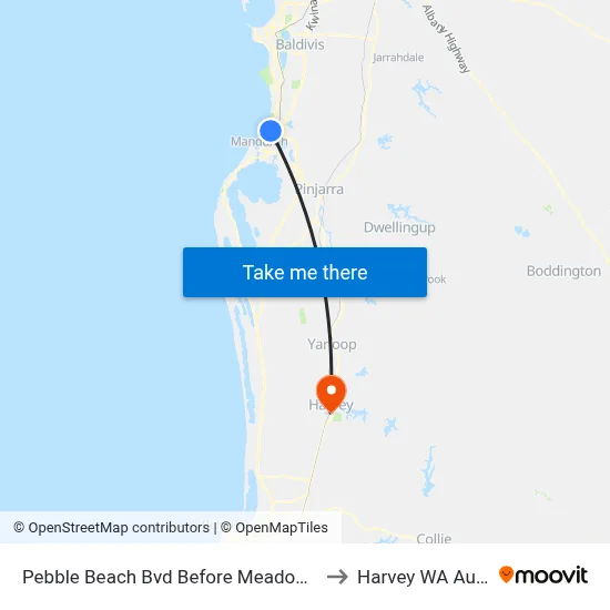 Pebble Beach Bvd Before Meadow Springs Dr to Harvey WA Australia map