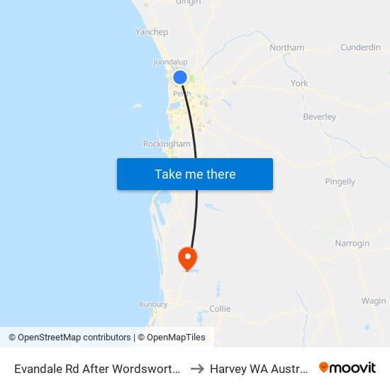 Evandale Rd After Wordsworth Dr to Harvey WA Australia map