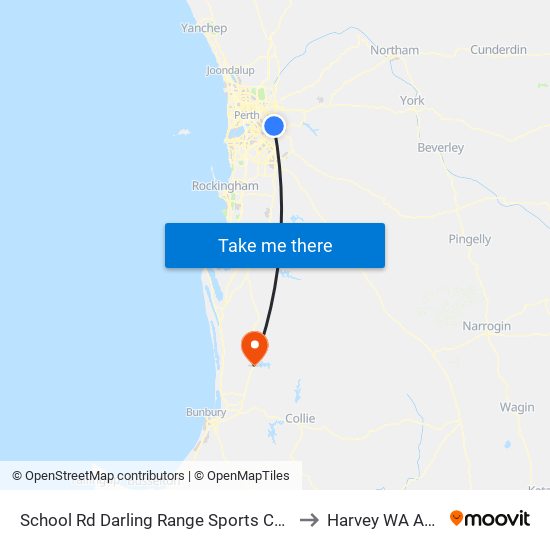 School Rd Darling Range Sports College Stand 3 to Harvey WA Australia map