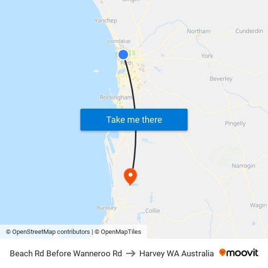 Beach Rd Before Wanneroo Rd to Harvey WA Australia map